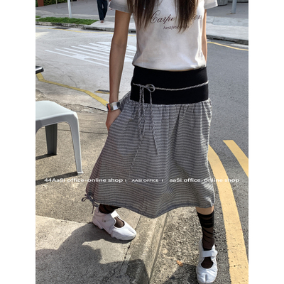 44AaSi 千鸟格格 松紧翻折可调节腰头拼接泡泡棉设计感半身中长裙