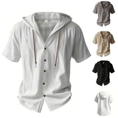 Cotton Linen Shirt for Men Hooded Short Sleeve Solid Color B