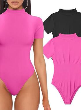 Ribbed high neck short sleeved top yoga jumpsuit瑜伽连体衣女