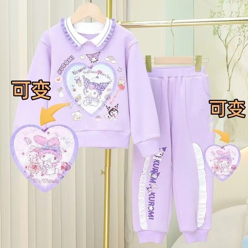 美乐蒂春秋新款春季女童长裤变色变图案休闲卫衣两件套装库洛米