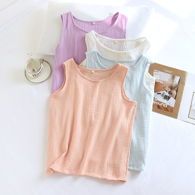 夏薄纯棉泡泡棉纱简约纯色圆领套头无袖小背心吊带上衣家居睡衣女