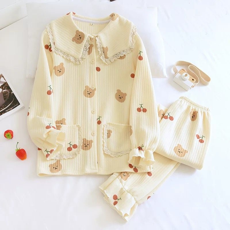 秋冬纯棉三层夹棉卡通印花大花边青年领全棉居家睡衣家居服套装女,女士内衣/男士内衣/家居服,睡衣/家居服套装,淘宝优惠券,粉丝福利购,淘宝优惠卷