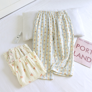 女 空调睡裤 夏薄纯棉泡泡棉纱布外穿全棉甜美小碎花家居裤 七分裤