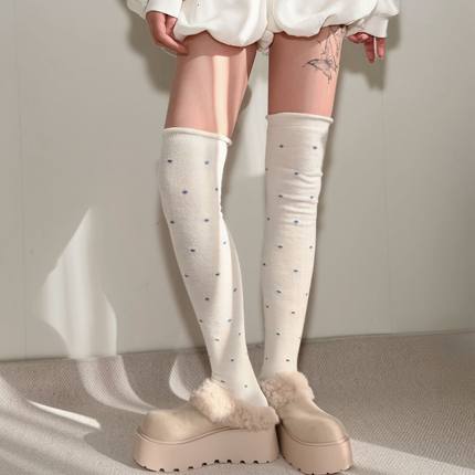 秋冬毛圈加绒加厚走秀款奶呼呼蓝波点大腿堆堆袜咖色过膝长筒保暖