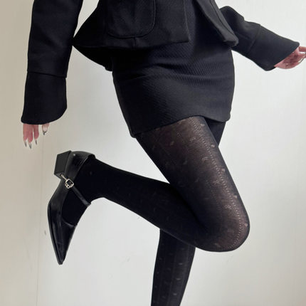 秋冬法式复古暗纹镂空爱心蝴蝶结提花脚尖一体成型棉打底裤连裤袜