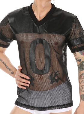 男士性感上衣镂空网孔透视T恤成人特色渔网服夜店舞台表演服01