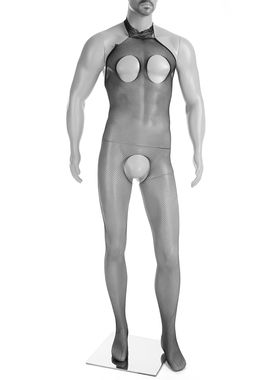 性感超薄连体丝袜露P镂空透明挂脖带渔网袜Q趣男个性特色男男