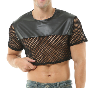 男士性感t恤短袖网纱网眼圆领镂空上衣仿皮超短款休闲家居服透气