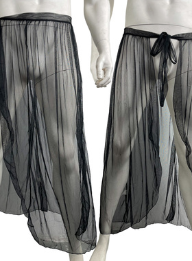 男款性感透明半身围裙网纱绑带开叉裙家居裙裤温泉沙滩超薄透视