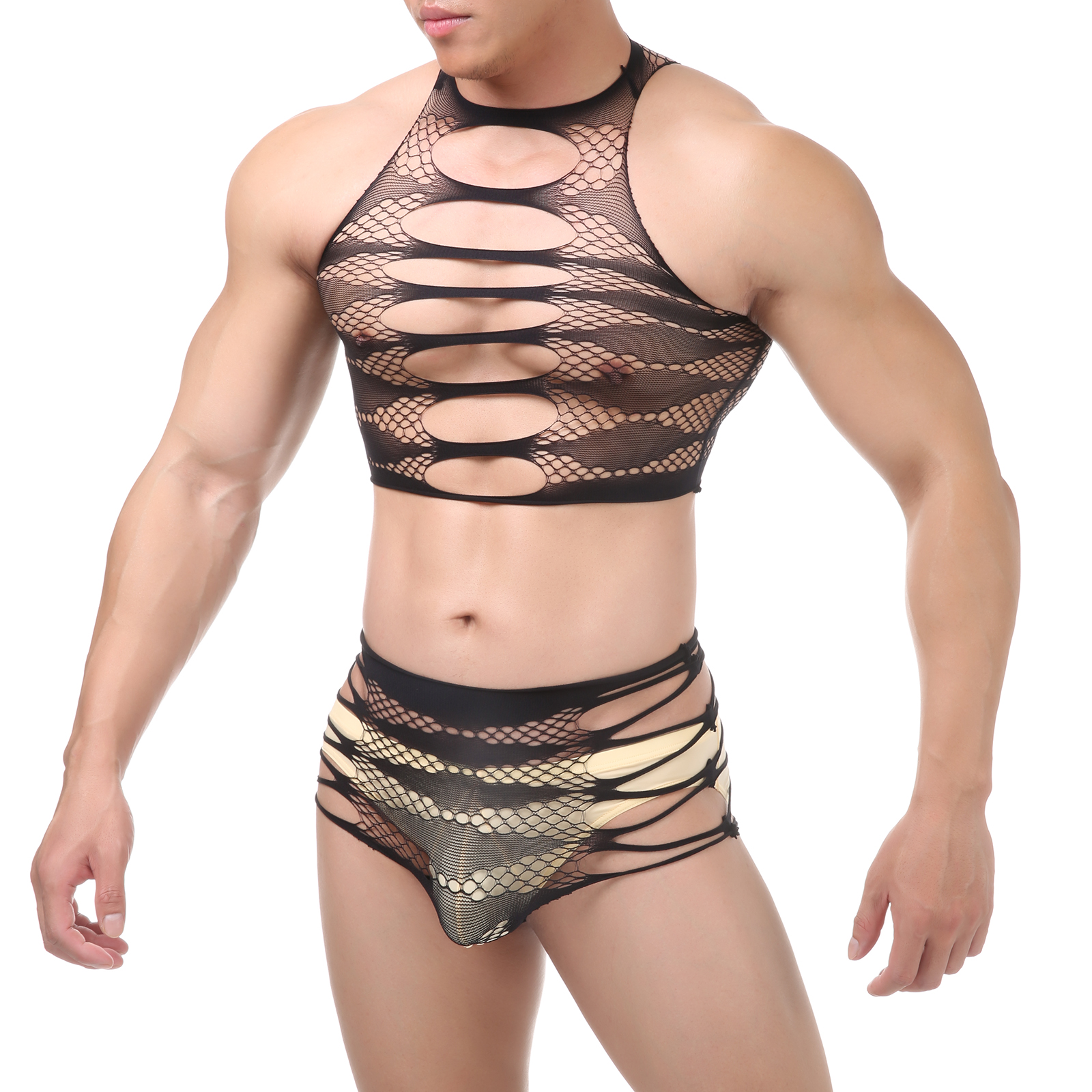 男士性感透视蕾丝内衣裤紧身超短款黑色镂空情调趣味家居服套装
