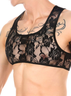 性感男士背心 蕾丝镂空内衣男式特色薄款情调上衣男生超短款小T恤