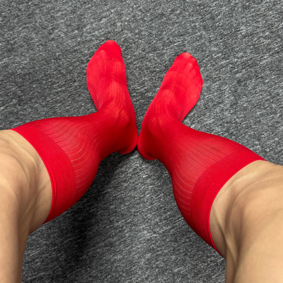 男士全透明性感袜子商务丝袜中筒袜网袜超薄长筒袜过膝袜日系红色