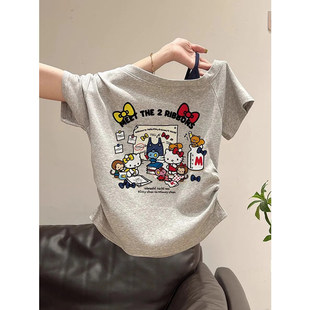 韩版卡通KT猫印花露肩短袖T恤女夏季2026新款花灰色修身显瘦上衣