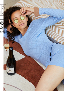 【玻尿酸黑科技】PJ5蓝色设计师品牌休闲透气长袖套头上衣睡衣女