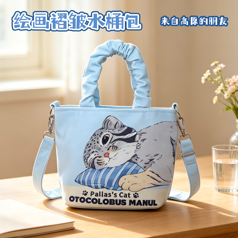 兔狲雪豹藏狐猞猁小蛰小芒手绘动物休闲帆布包时尚斜跨水桶包图片
