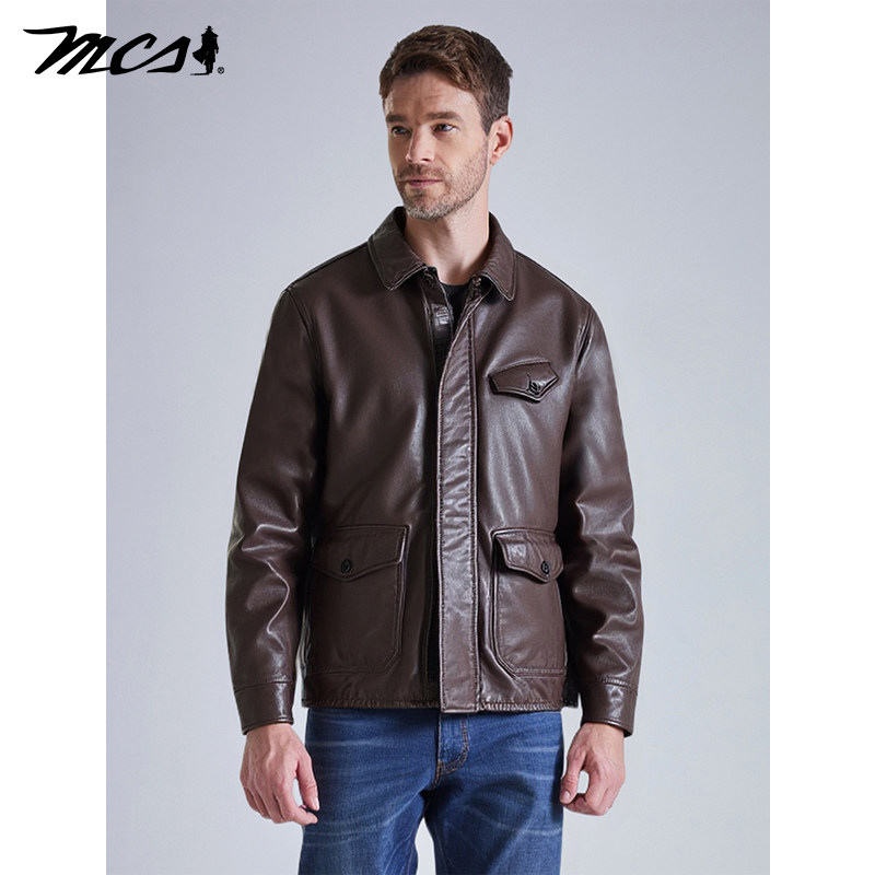 MCS美式工装款保暖真皮羽绒皮衣
