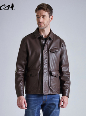 MCS男装源自万宝路新款机车牛皮皮衣美式工装款保暖真皮羽绒皮衣