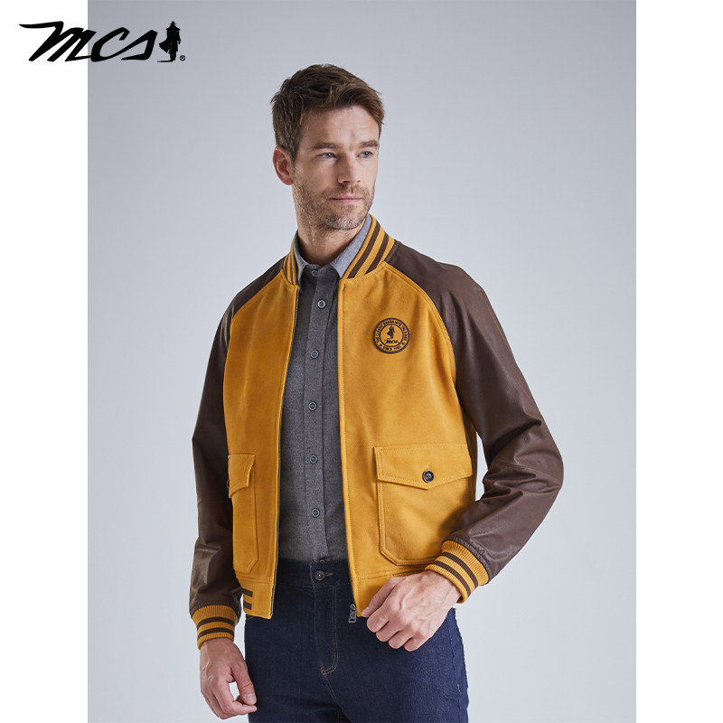 MCS磨面牛皮棒球领真皮短款夹克