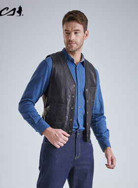 MCS男装源自万宝路牛皮革马甲春秋季新款修身美式真皮皮衣背心男