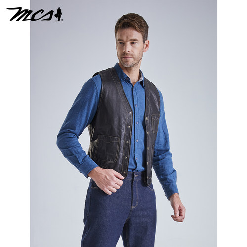 MCS新款修身美式复古真皮衣背心