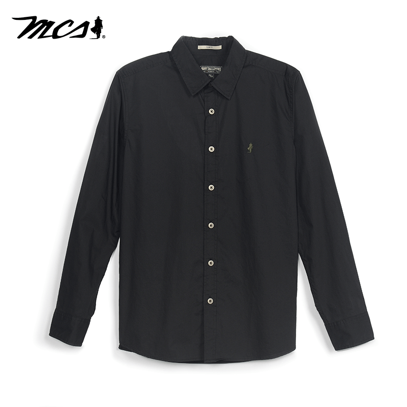 MCS美式休闲百搭净色长袖衬衫男