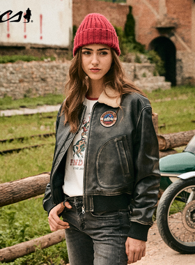 MCS源自万宝路女款飞行员羽绒皮衣绵羊皮革松身款秋冬季新品外套