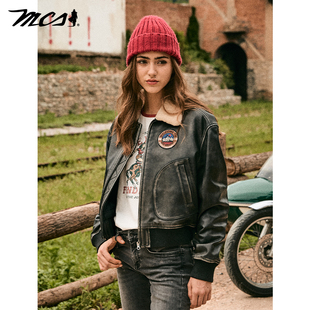 MCS源自万宝路女款飞行员羽绒皮衣绵羊皮革松身款秋冬季新品外套