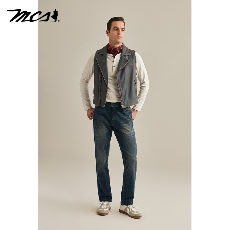 MCS高级感做旧V领牛皮马甲