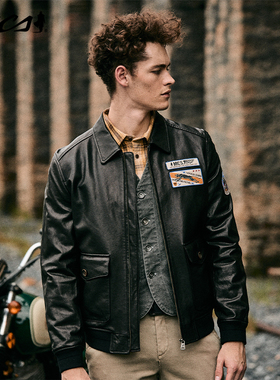 MCS源自万宝路复古皮衣A-2飞行员夹克男士水洗擦色绵羊皮美式复古