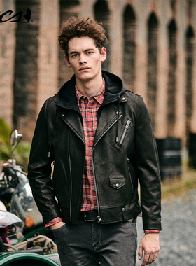 MCS源自万宝路美式复古皮衣男水洗山羊皮可脱帽经典机车皮衣秋季