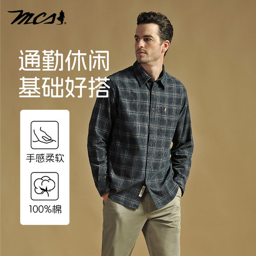 MCS复古格纹长袖灯芯绒翻领衬衣