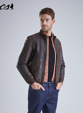 MCS男装源自万宝路美式做旧真皮皮衣春秋季新款立领绵羊皮皮夹克