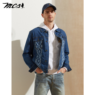 MCS源自万宝路翻领短款外套春季新款修身棉弹拼图百搭牛仔夹克男