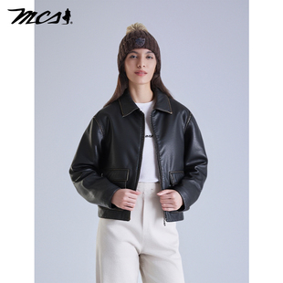 MCS源自万宝路复古工装皮衣女褪色牛皮工装款皮衣皮夹克秋季新品