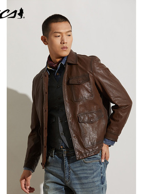 MCS源自万宝路皮衣男外套翻领短款春秋季潮流品质男士商务羊皮