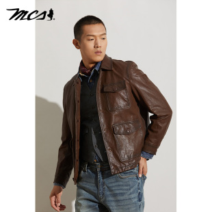 商务羊皮 潮流品质男士 MCS源自万宝路皮衣男外套翻领短款 春秋季