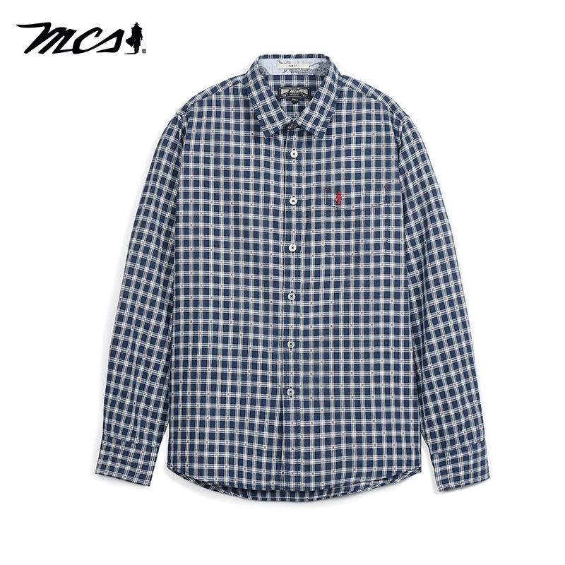 MCS男装源自万宝路秋季纯棉修身长袖衬衫美式休闲格子翻领衬衣男