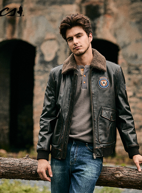 MCS源自万宝路褪色牛皮G1飞行员羽绒皮衣牛皮革可脱卸翻领男外套