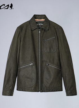 MCS男装源自万宝路擦色牛皮91B工装皮衣秋季经典硬汉修身款皮夹克