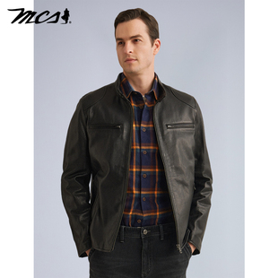 MCS男装源自万宝路秋冬季男士立领机车皮衣美式绵羊皮真皮外套