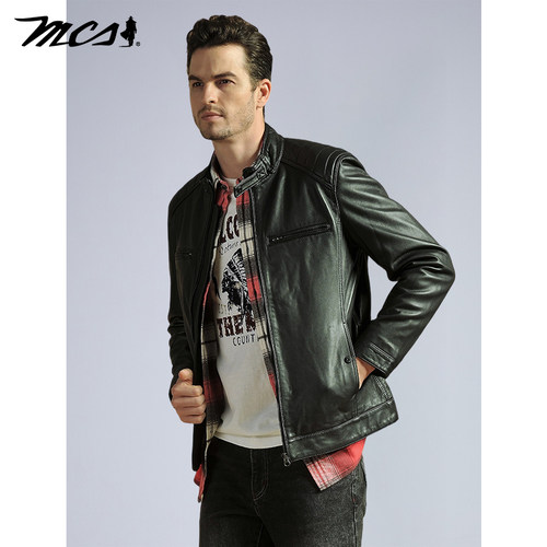 MCS春季潮流山羊皮立领外套