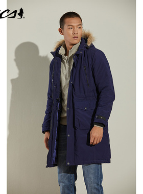 MCS男装源自万宝路秋冬休闲保暖舒适合身深蓝色长款连帽羽绒服男