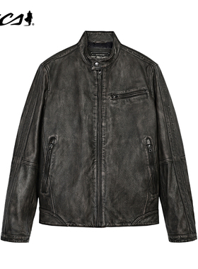 MCS源自万宝路男装褪色牛皮立领机车羽绒皮衣美式复古风休闲夹克