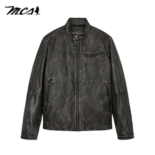 MCS源自万宝路男装褪色牛皮立领机车羽绒皮衣美式复古风休闲夹克