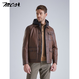 【三合一】MCS男装源自万宝路冬可脱卸连帽羽绒内胆绵羊皮真皮衣