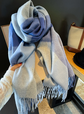 100%羊毛围巾女冬季经典格子韩版加宽长款保暖知性文艺蓝色大披肩