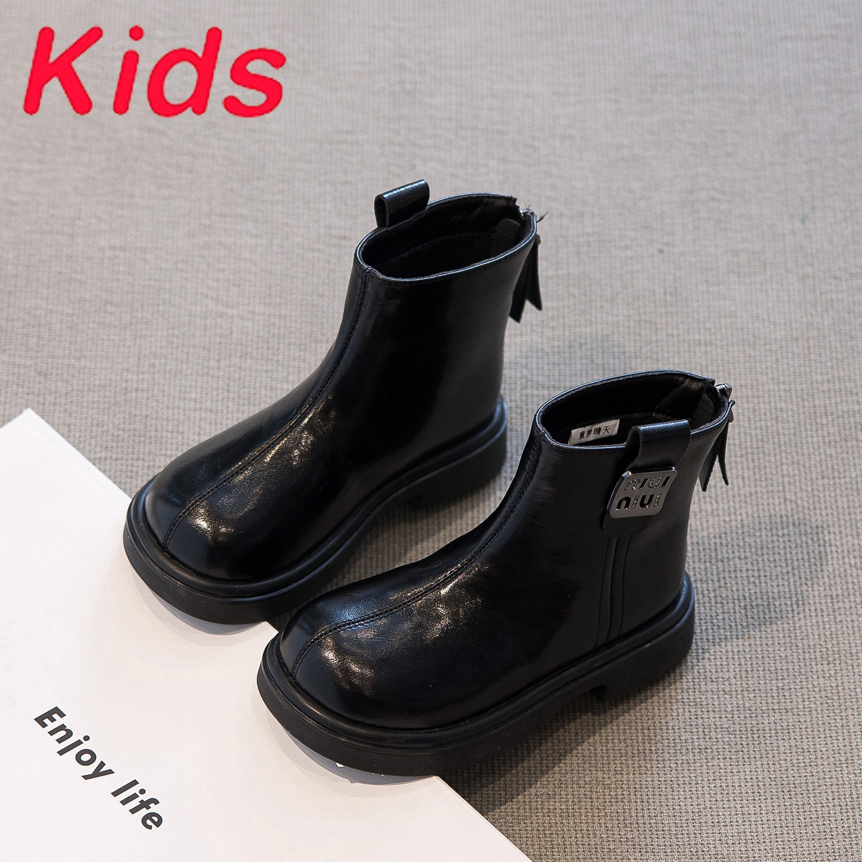 真皮女童短靴黑色马丁靴