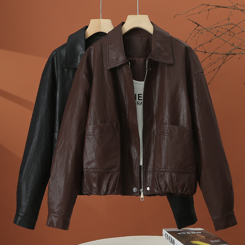 小个子咖色皮衣外套女春秋