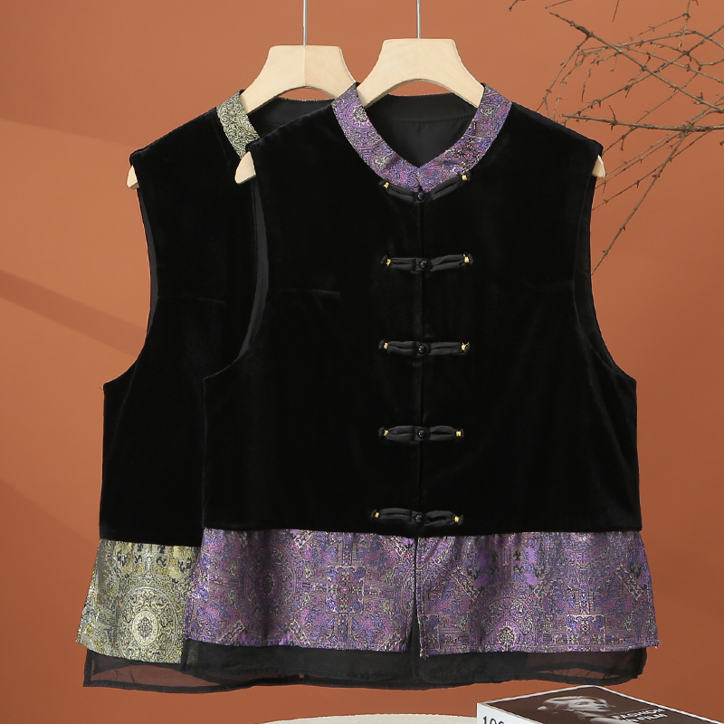 新中式无袖马甲外套女早秋2025新款假两件拼接金丝绒短款盘扣上衣