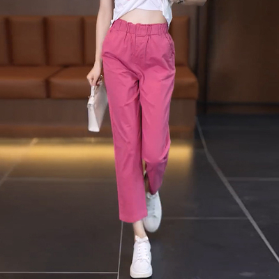 缪真高腰八分哈伦休闲裤女
